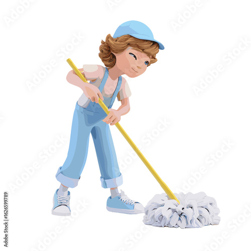 A cartoon of a girl mopping the floor in a clean room.