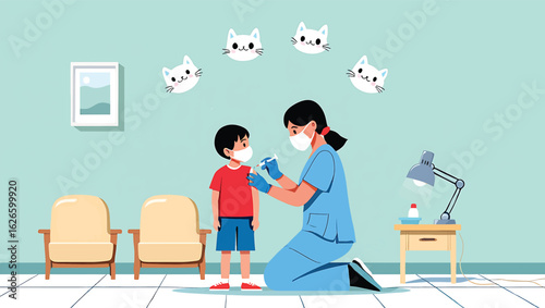 A nurse administers a vaccination to a young boy in a clinic, vector illustration concept.