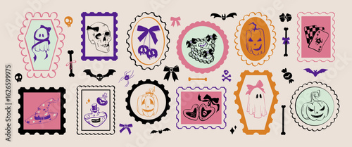 Cute Halloween postage stamps and badges with spooky creative elements, icons of ghosts, pumpkins, skulls, cakes, ribbons, poison bottles. Hand drawn vintage coquette style, vector illustrations.