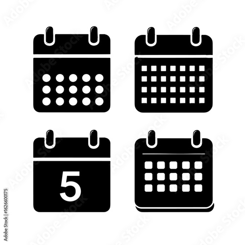 Four black calendar icons on a bright background.