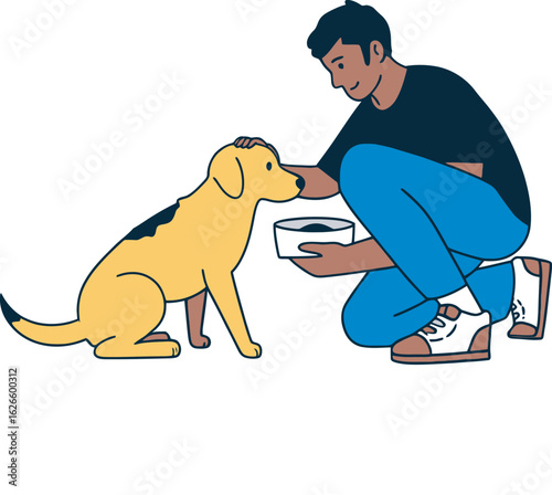 Kind man with dark hair petting a yellow dog while offering a bowl of food.