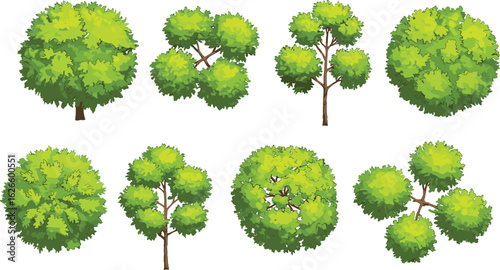 Cartoon round tree vector set – hand-drawn green trees vector illustrations for games, maps, nature scenes, and digital design projects, editable scalable environment assets
