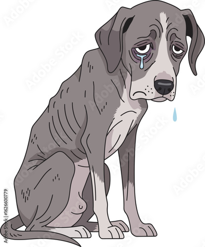 A sorrowful emaciated grey dog with droopy ears and a tear rolling down its cheek.