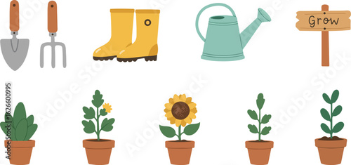 Flat Gardening Tools and Items Icon Set – Flower, Pot, Plough, Gloves, and Shoes in Cute Vector Style
