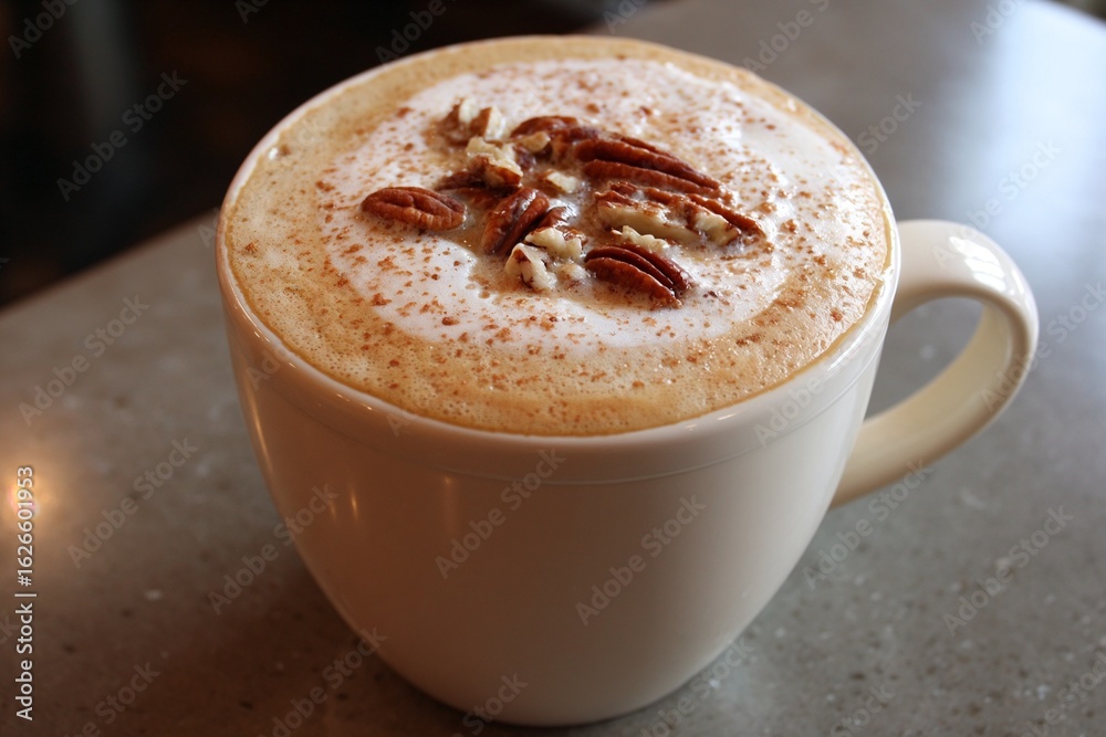A mug of coffee with whipped cream and pecans on a counter A mug of coffee with whipped cream and pecans on a counter