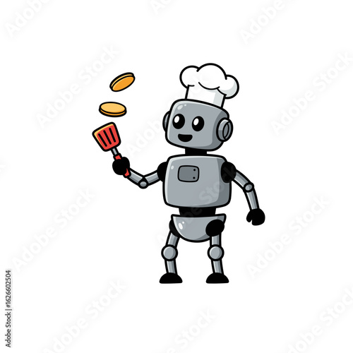 Robot chef flipping pancakes with spatula and smiling happily  