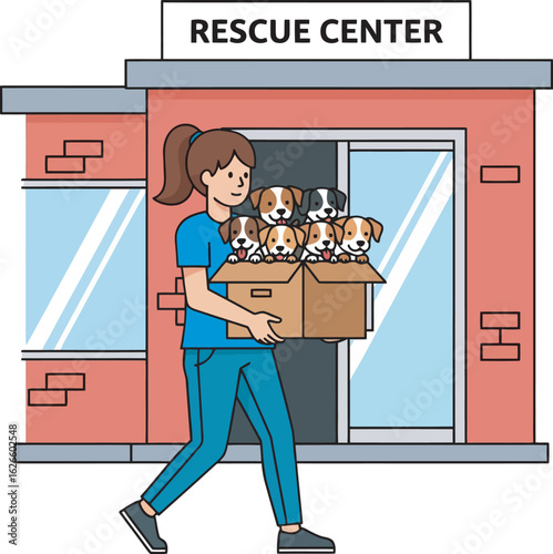 Smiling woman with a ponytail carrying a cardboard box of six adorable rescue puppies.