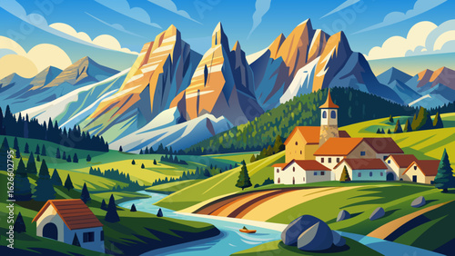 In Canali Valley, Dolomites shine above Tonadico’s quiet charm. Jagged peaks embrace the sky as green alpine meadows spread below, kissed by sunlight across Trentino’s peaceful northern Italian landsc