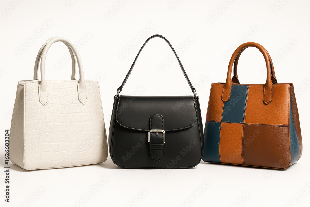 Naklejka premium Three elegant women's handbags are standing on a white background
