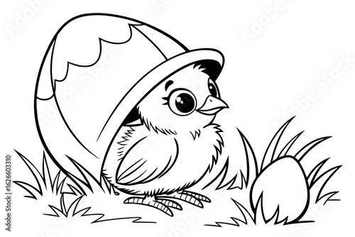 Coloring Pages, tiny chick with eggshell hat, cartoon style, black and white for coloring book