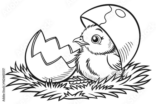 Coloring Pages, tiny chick with eggshell hat, cartoon style, black and white for coloring book