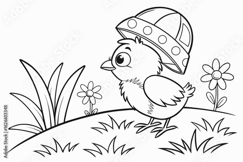 Coloring Pages, tiny chick with eggshell hat, cartoon style, black and white for coloring book
