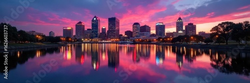 Evansville skyline reflected, twilight river glow, night photography, urban photography