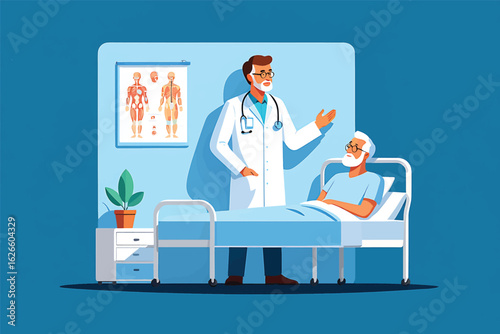 Doctor consulting with an elderly patient in a hospital bed vector illustration