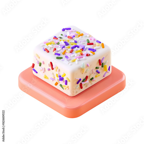 A 3D square cake with sprinkles sits atop a pink base
