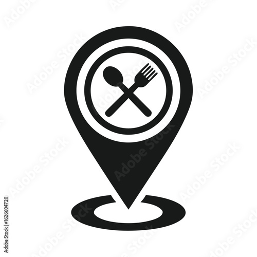 Black restaurant location pin icon with spoon and fork over circle on white background Keywords: location, pin, map, marker, navigation, pointer