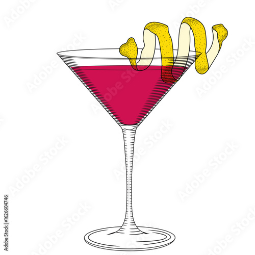Cosmopolitan cocktail decorated with lemon zest vector color illustration in sketch style. Hand drawn line art for bar and menu. Retro engraving of alcoholic drink.