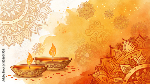 **Bright Orange and Gold Watercolor Washes with Subtle Diya Motifs and Copy Space**  
