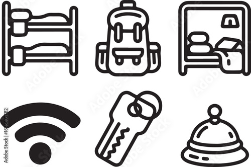 Hostel Life Doodle Line Icons Set – Bunk Bed, Backpack, Shared Room, Wi-Fi, Keycard, and Reception Bell
