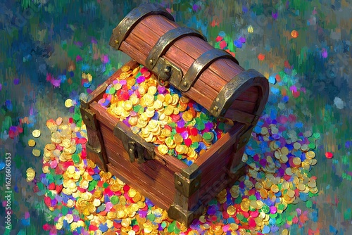 Open wooden treasure chest overflowing with golden coins and colorful confetti