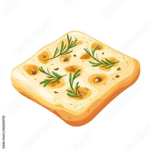 Flat 2D Focaccia illustration, vector graphic in icon style, on white background