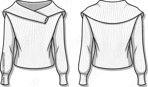 Cad drawing flat vector illustration, off-shoulder ribbed sweater, fashion sketch, apparel design, women's knitwear, long sleeve stylish top