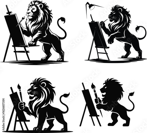 Black lion painting on easel brush