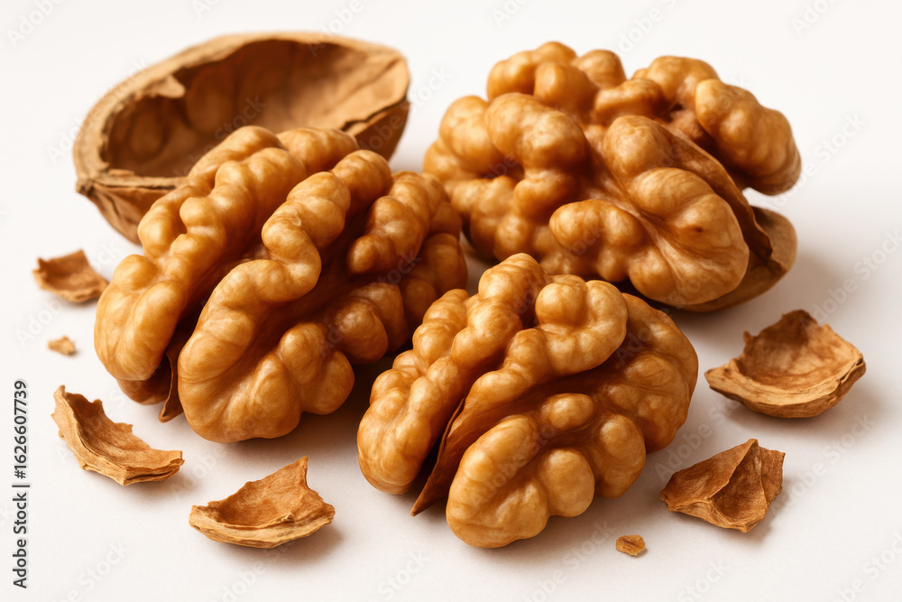 Fototapeta premium Walnut kernels surrounded by nutshell fragments on white background