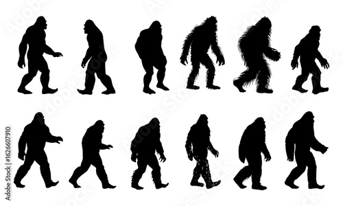 Mythical Bigfoot silhouette sequence — shadowy Sasquatch, Yeti legend for cryptozoology fans. Mysterious creature walking in folklore, enigma beast, iconic mysterious vector