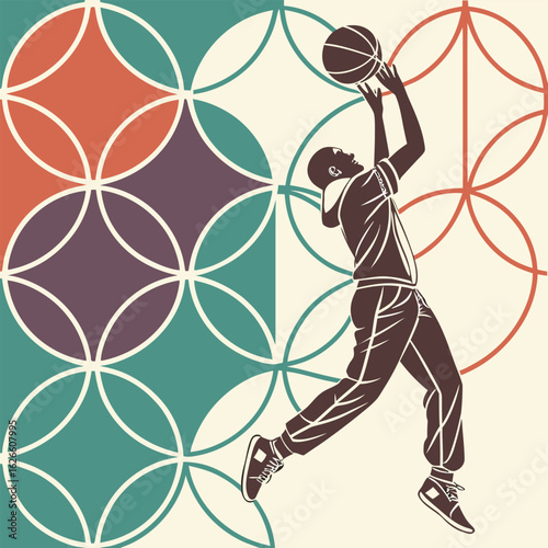Illustration of a basketball player in mid air with a patterned background of overlapping circles
