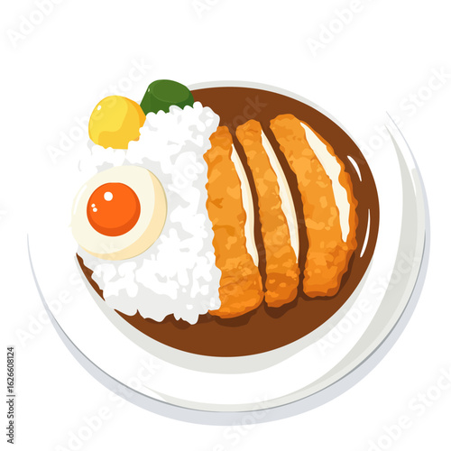 2D flat vector illustration of a Katsu Curry in icon style, isolated on white background