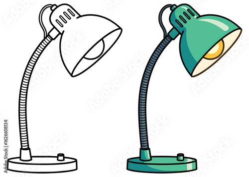 Desk Lamp Coloring Page with Black and White Outline and Fully Colored Version Featuring Adjustable Arm and Light Bulb in a Simple Cartoon Style