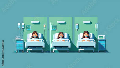 Three patients with face masks lie in hospital beds, a medical care concept vector illustration