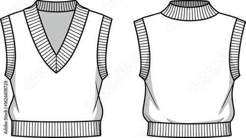 Cad drawing flat vector illustration, sleeveless sweaters with V-neck and turtleneck design, fashion template, knitwear apparel design