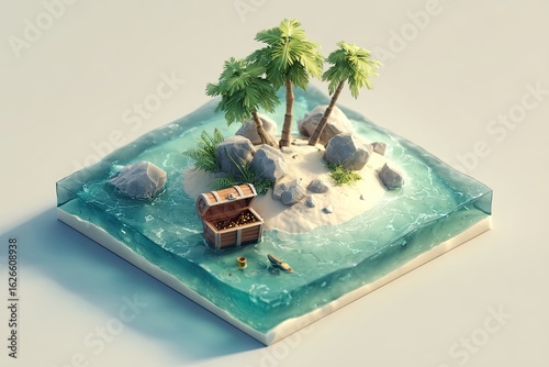Miniature island with treasure chest, tropical palms, and rocks in a square block of water
