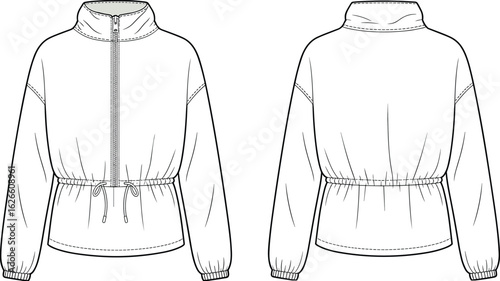 Cad drawing flat vector illustration, windbreaker jacket front and back view, technical fashion sketch, outerwear design, fashion CAD template