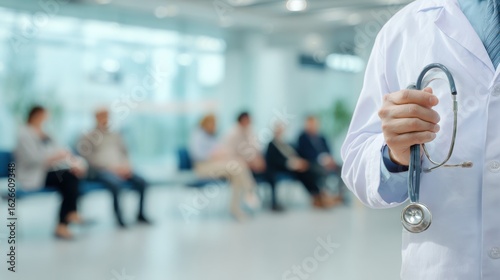 Doctor holds stethoscope in front of waiting room with seated patients awaiting medical consultations