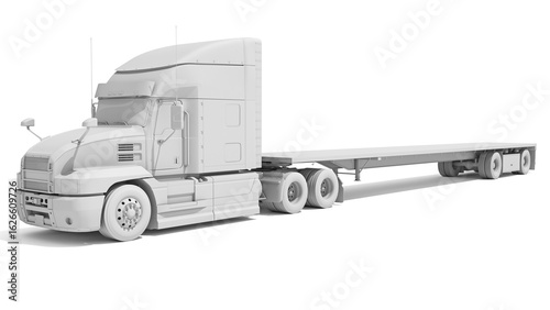 Foto Semi Truck with Flatbed Trailer in Clay Style Render on White Background 3D Rend