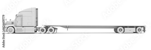 Semi Truck with Flatbed Trailer in Clay Style Render on White Background 3D Rendering