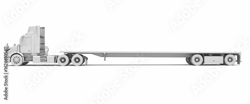 Semi Truck with Flatbed Trailer in Clay Style Render on White Background 3D Rendering