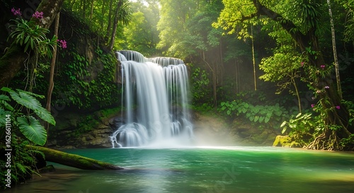 Lush tropical rainforest cascades into a serene turquoise pool with sunlight filtering through dense green foliage