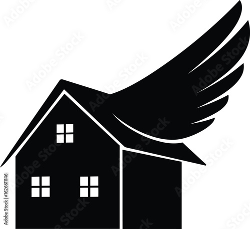 House With A Roof Like Bird Wing, A Dynamic Vector Icon Symbolizing Fast Real Estate Services, Home Delivery, Or Quick Property Relocation.