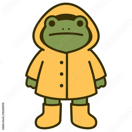 Cute frog standing in yellow raincoat and boots cartoon style rainy day illustration
