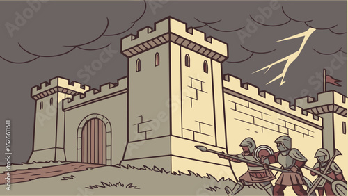Illustration of a medieval castle under a stormy sky with soldiers holding spears in the foreground
