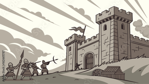 Illustration depicting a medieval castle under siege with soldiers and cloudy sky in sepia tones style