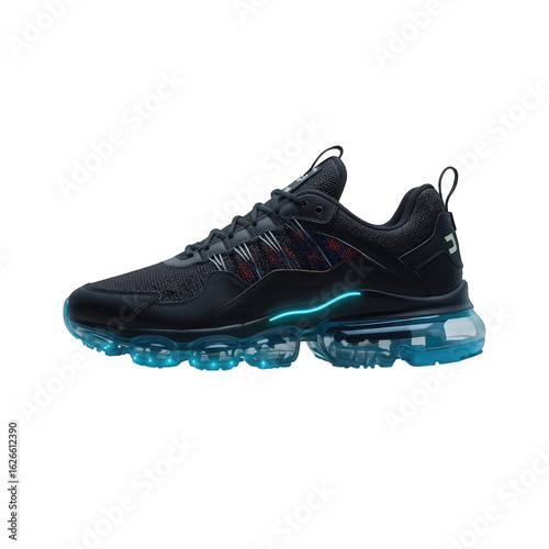 Stylish black athletic sneakers featuring glowing blue accents for a modern look.