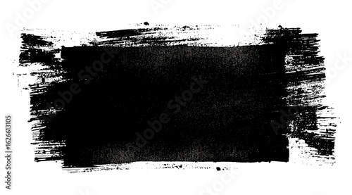 Distressed black grunge rectangle banner with paint roller texture, worn ink marks on transparent background, featuring gritty handmade smears, stains, and rough overlay streaks