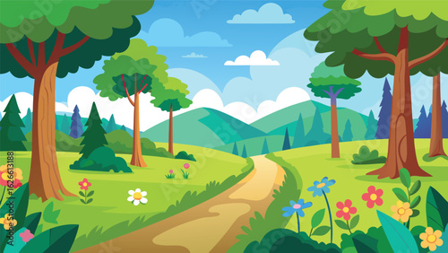 Vibrant forest path with rolling hills and wildflowers