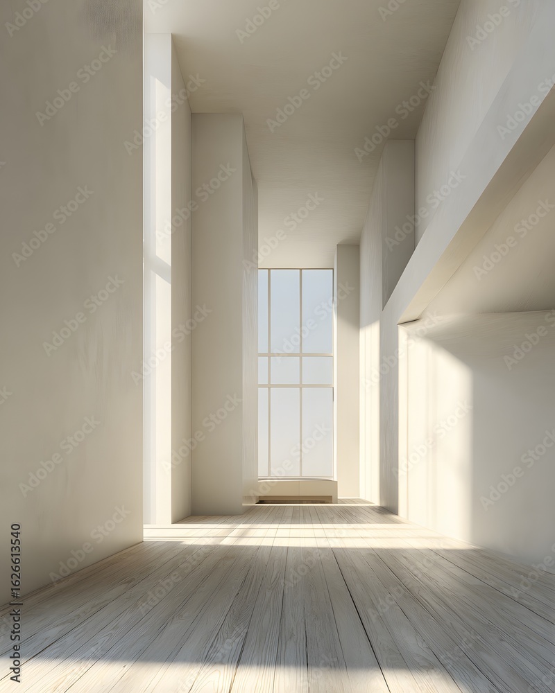 Obraz premium empty contemporary room in soft neutral tones, sunlight from high side window, vertical geometry and clean layout, 3d architectural render