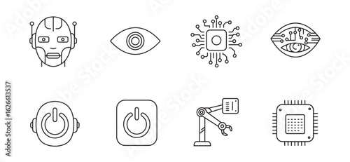 Collection of modern technology and robotics icons depicting artificial intelligence and automation